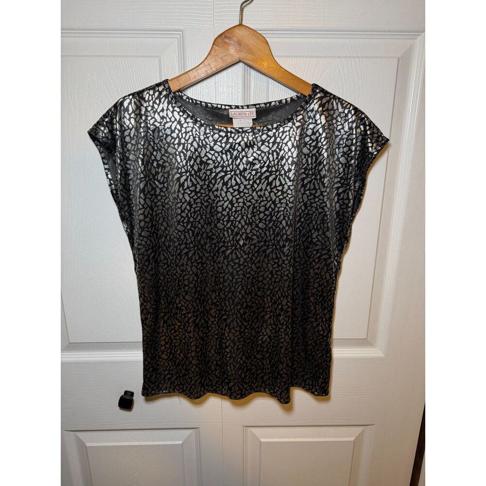 Lauren Lee Black Silver Metallic Animal Print Sheer Top Women's Small